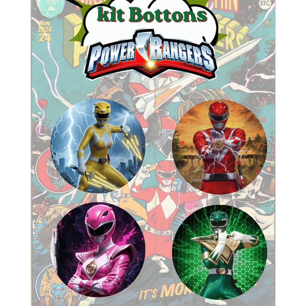 Kit 4 Bottons Power Rangers Colecionável | Pin Broche Geek Mochila