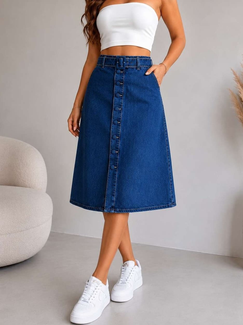 Saia Jeans Feminina Midi Evasê Cintura Alta com Cinto Ajustável e Botões Frontais