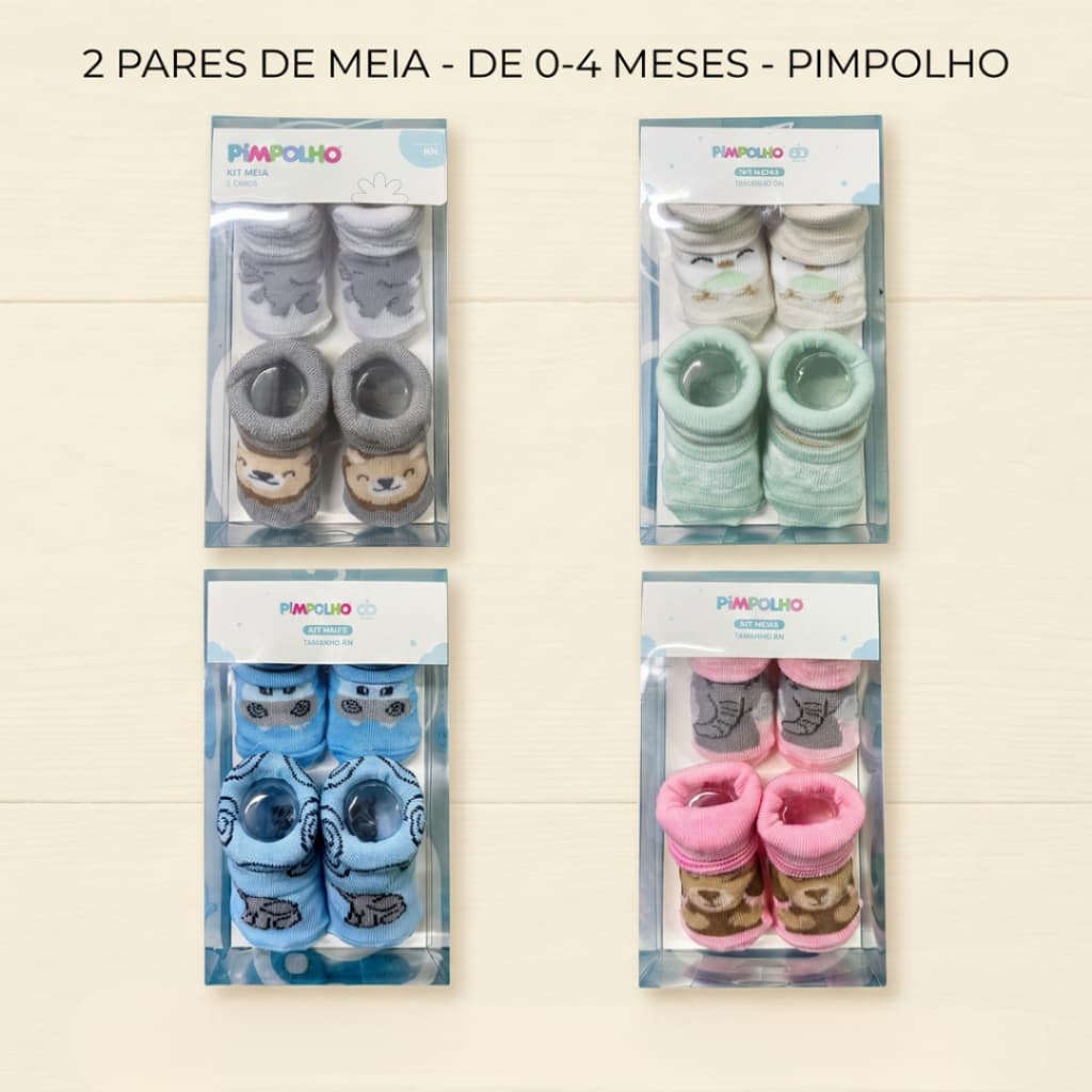Kit 2 Pares Meia Bebê Pimpolho RN 0–4 Meses – Confortável e Quentinha