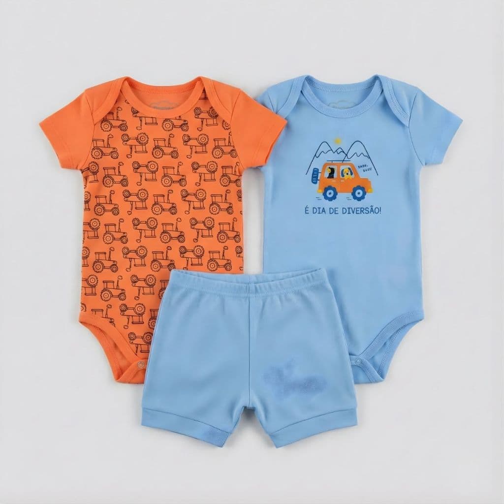 Kit 3 Peças Roupa Bebê Menino 2 Body e 1 Bermuda Algodão Verão Estampado