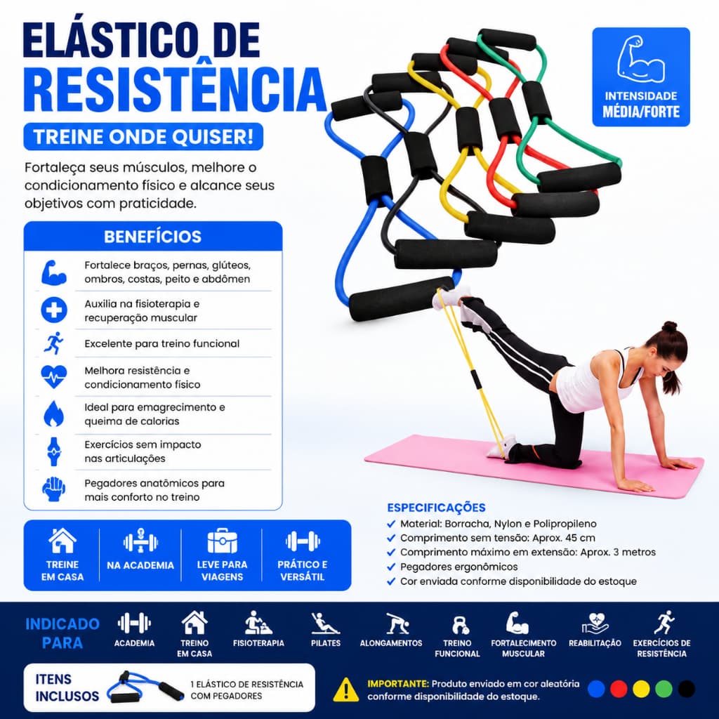 Elástico de Resistência para Exercícios Treino Funcional Fisioterapia Academia Ombro Braço Glúteos