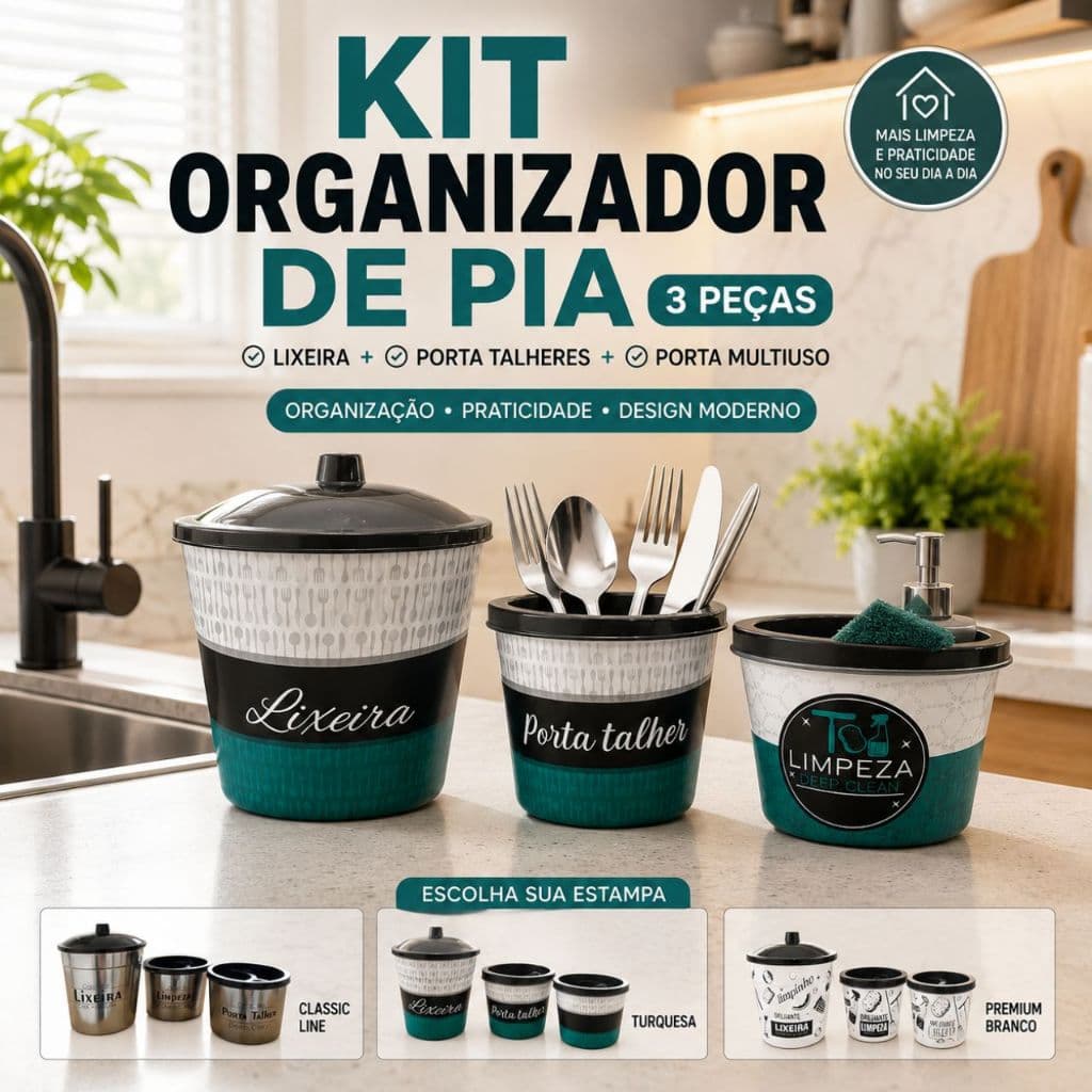 Kit Organizador de Pia 3 Peças com Lixeira Porta Talheres e Porta Multiuso | Cozinha Organizada e Moderna