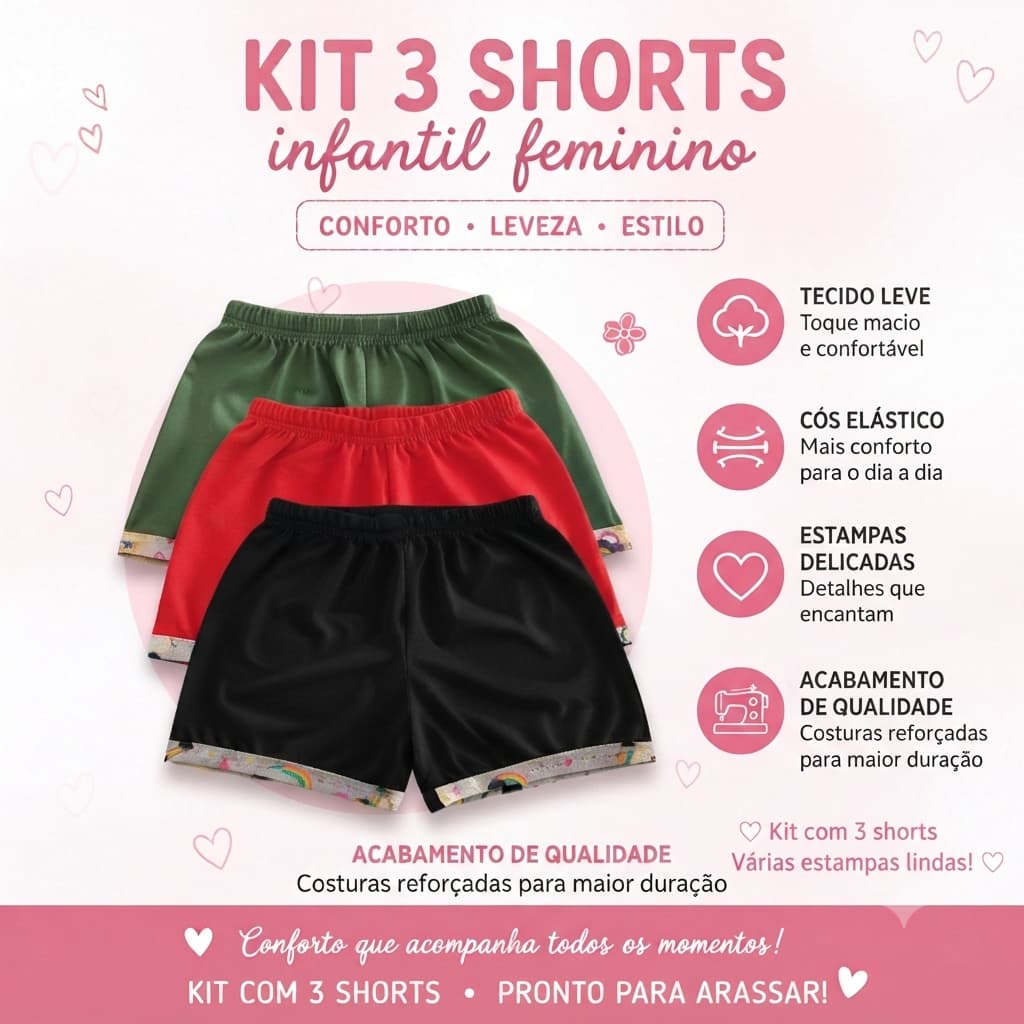 Kit 3 Short Infantil Feminino Pijama Verão Menina Confortável Tamanho 1 ao 14