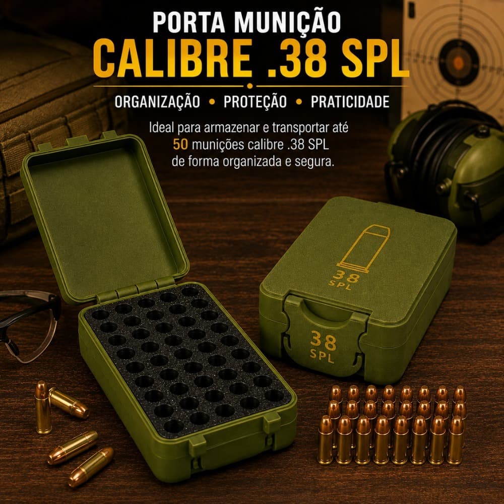 Caixa Estojo Porta Munição 38 SPL Verde Militar