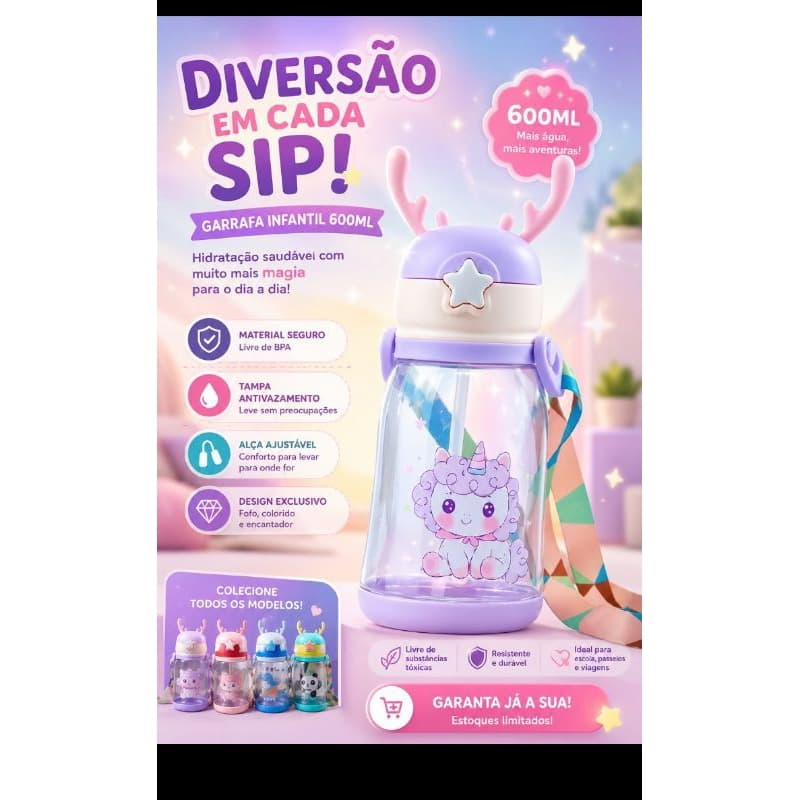 Garrafa De Alce Água Infantil Criança Portátil Com Canudo Desenho Multicolorido
