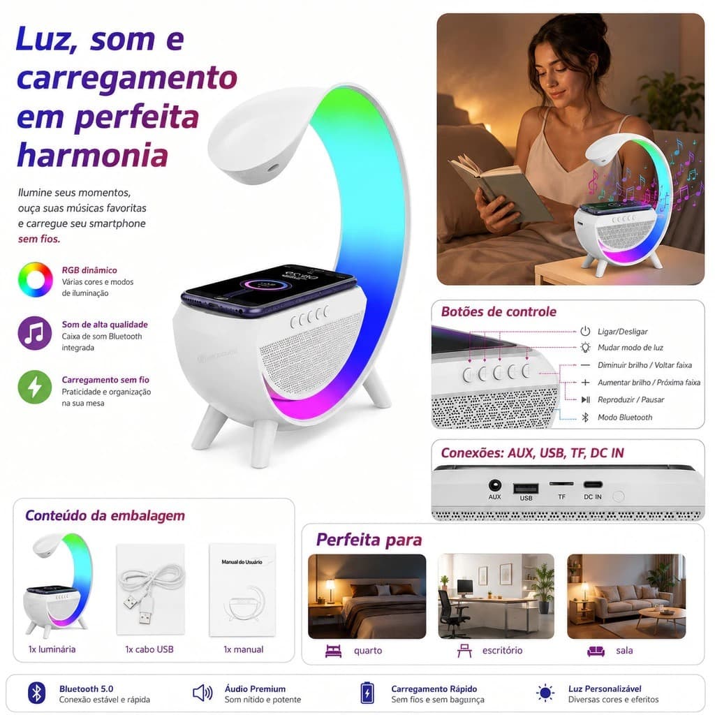 Luminária Rgb Caixasom G Speaker Carregador Indução Luzfesta