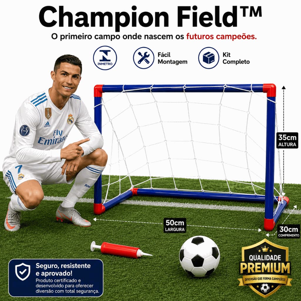 Mini Trave de Futebol Infantil com Bola Rede e Bomba Kit Golzinho Criança Fácil Montagem INMETRO Champion Field™