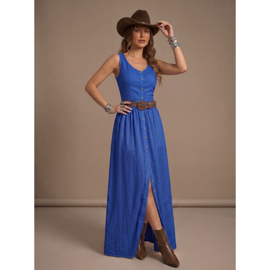 Vestido Longo Country Com Abertura Frontal Tecido Leve Viscolinho Não Fica Transparente Barretos Festa do Peão AF