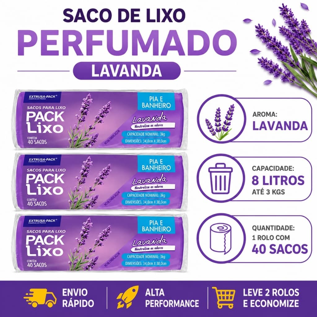 Saco Lixo Perfumado Lavanda 8 Litros 34X38cm Anti Odor Neutraliza Odores Pia Banheiro Reforçado