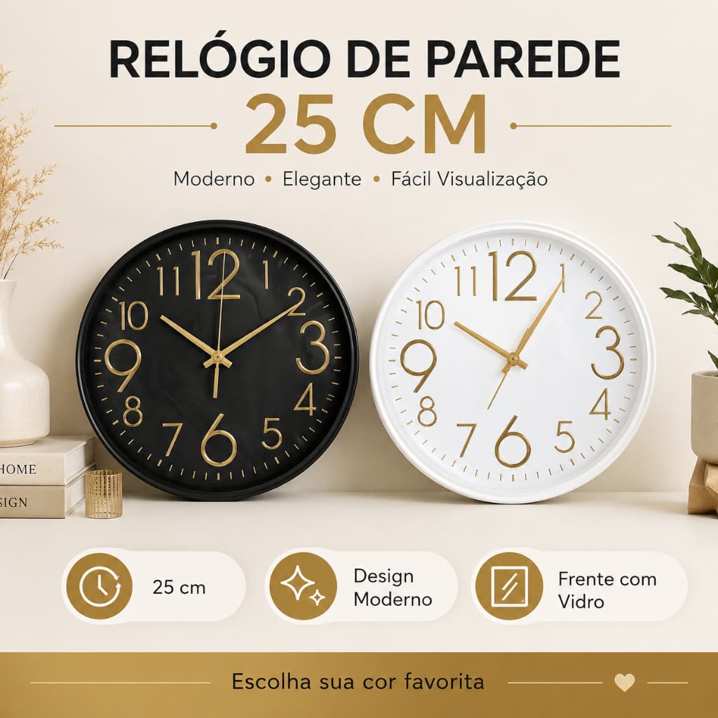 Relógio de Parede 25cm  Números Grandes Decorativo Moderno Sala Cozinha Quarto Escritório