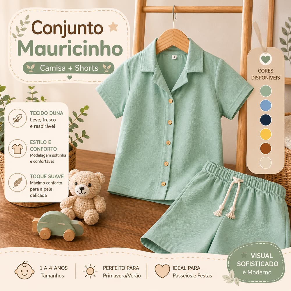 Conjunto Menino Bermuda Mauricinho Camisa Manga Curta Botão Infantil 1 a 4 Anos