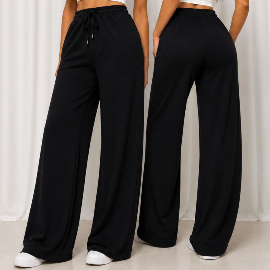 Calça Pantalona Feminina Wide Leg em Tecido DUNA com Cintura Alta Elástica e Cordão Ajustável