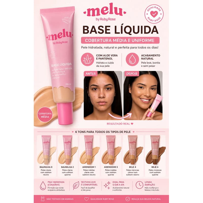 🌟 Base Líquida Melu by Ruby Rose – Cobertura Média e Pele Perfeita