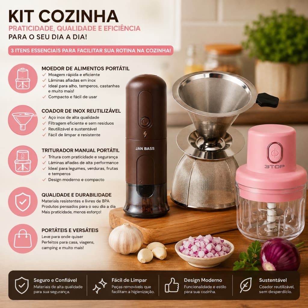 Kit Cozinha 3 em 1 | Moedor Elétrico + Triturador Portátil + Coador Inox