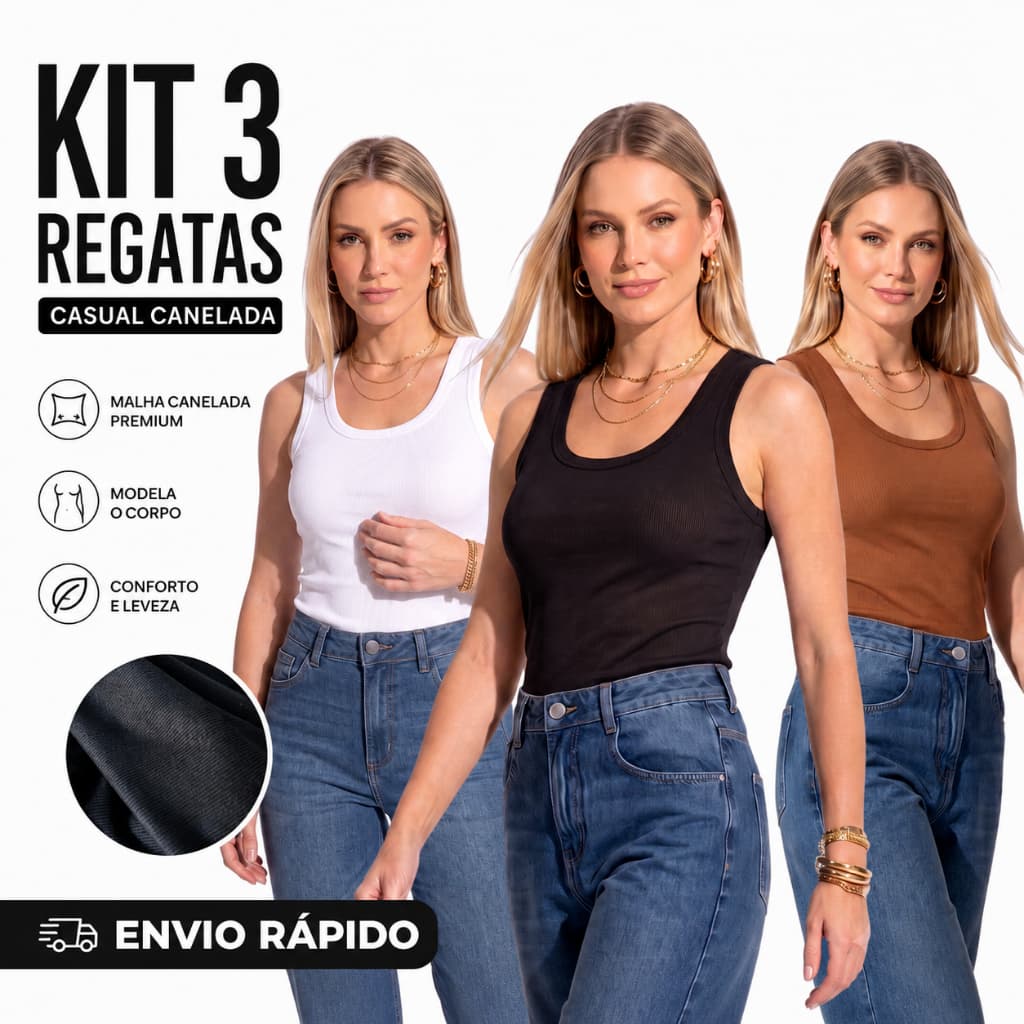 KIT 3 REGATAS FEMININA MALHA CANELADA Premium modelagem bloguera casual ou dia a dia