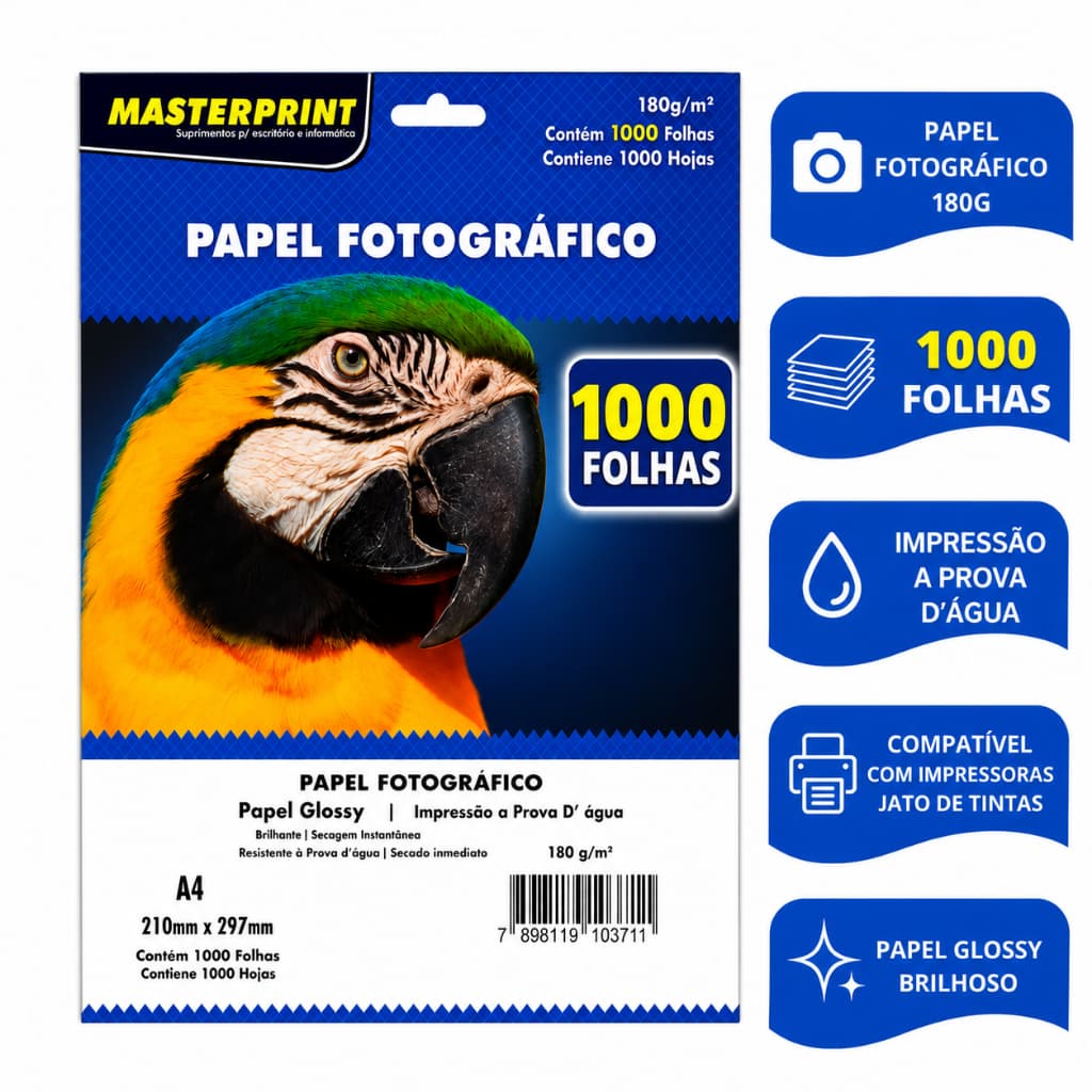 Papel Fotográfico A4 180g Glossy Brilhante 1000 Folhas Masterprint Prova D'Água