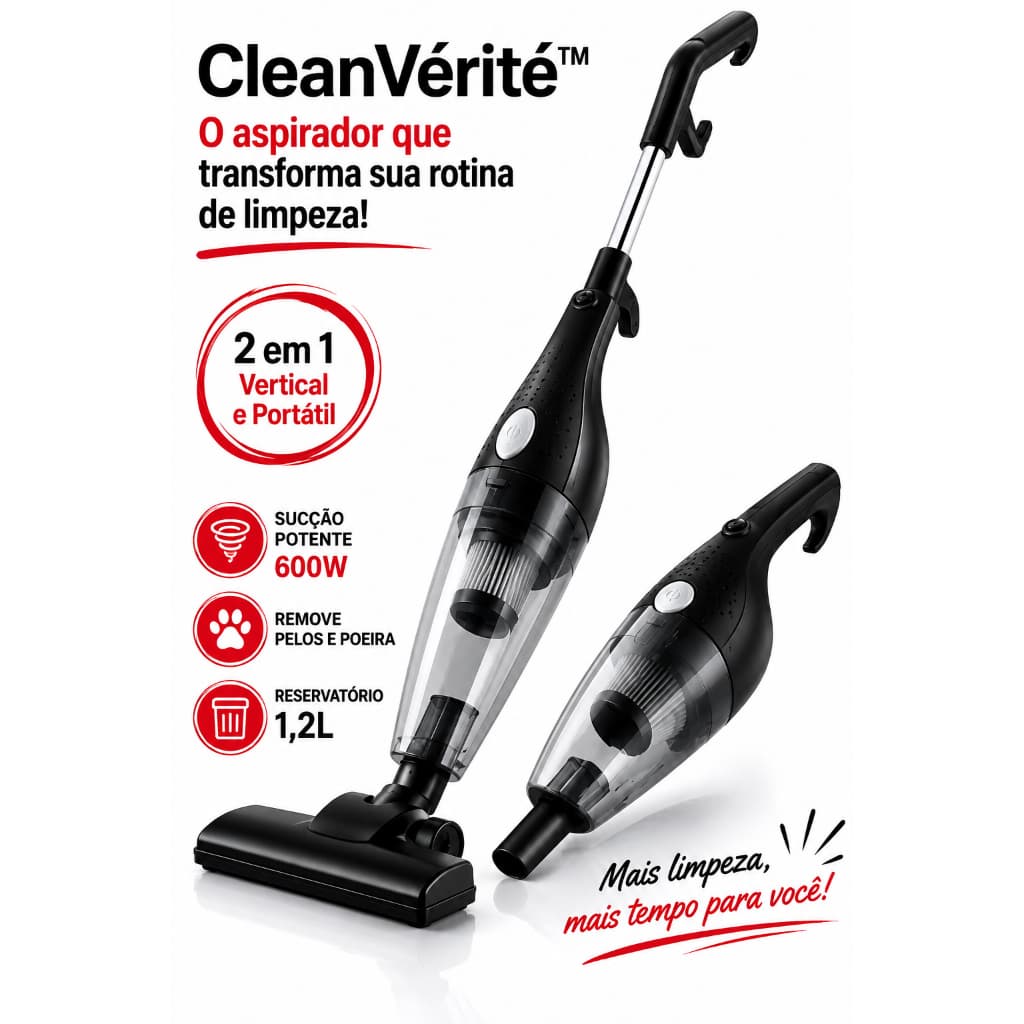 Aspirador de Pó Portátil Vertical 2 em 1 600W com Filtro HEPA Lavável Sucção Potente