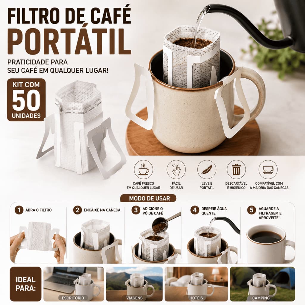 Filtro de Café Portátil Descartável Kit 50 Unidades Coador Individual para Caneca Viagem Escritório Camping