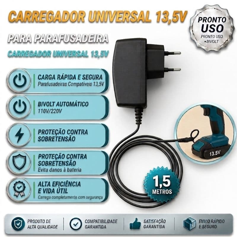 Carregador Universal 13,5V para Furadeiras - Carga Rápida e Segura