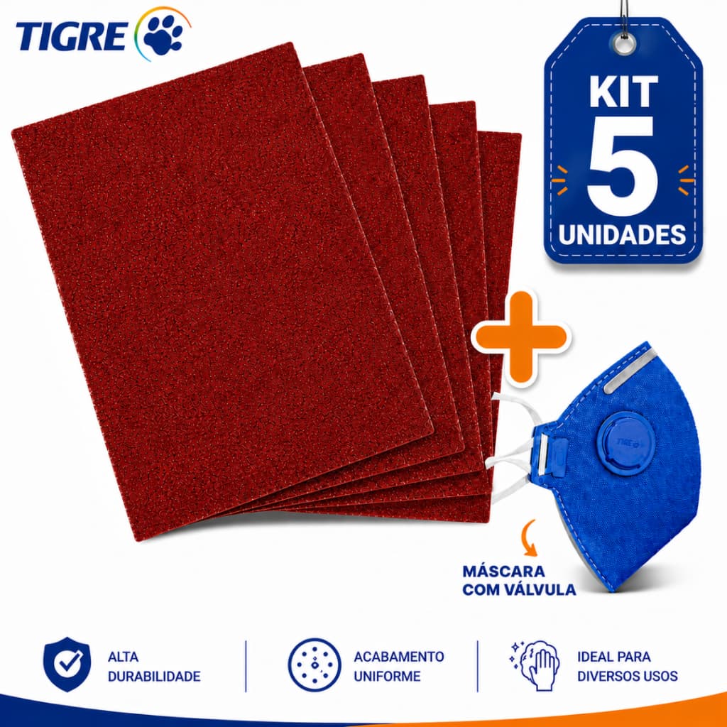 Kit 5 Lixas + Máscara Para Massa Parede Reboco Madeira Gesso Grão 60 ao 220 Tigre