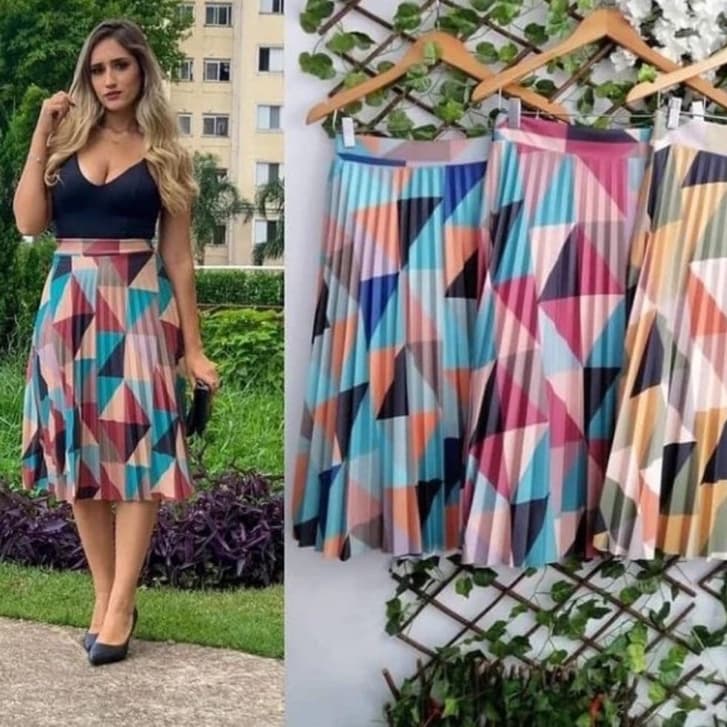 saia plissada midi moda evangélica estampa digital floral e geometria com forro e cintura com elástico cod119