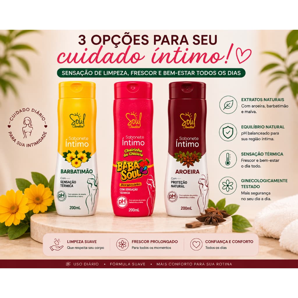 Sabonete Íntimo Feminino 200ml pH Balanceado Higiene Íntima Barbatimão Aroeira Kit 3