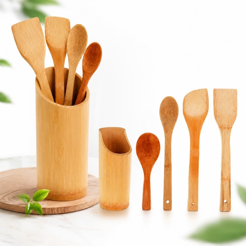 Kit Colheres de Bambu com Suporte - Utensilhos de Madeira 5 peças