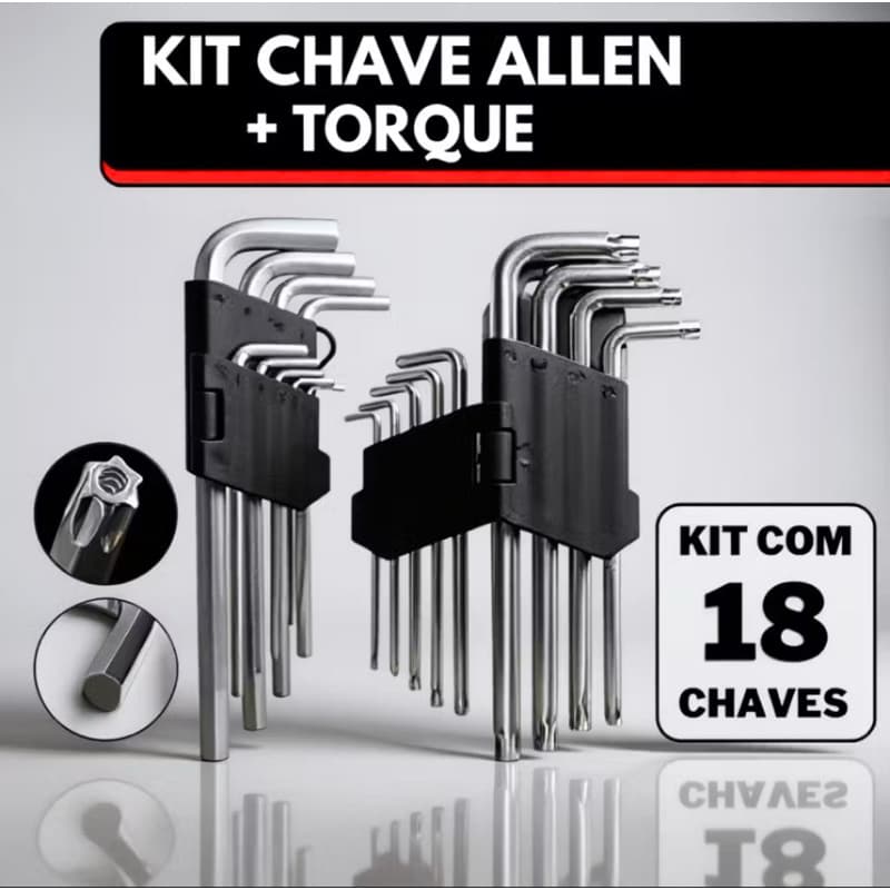 Kit Profissional de Chaves Allen e Torx 18 Peças com Tratamento Térmico Estojo Compacto e Alta Durabilidade