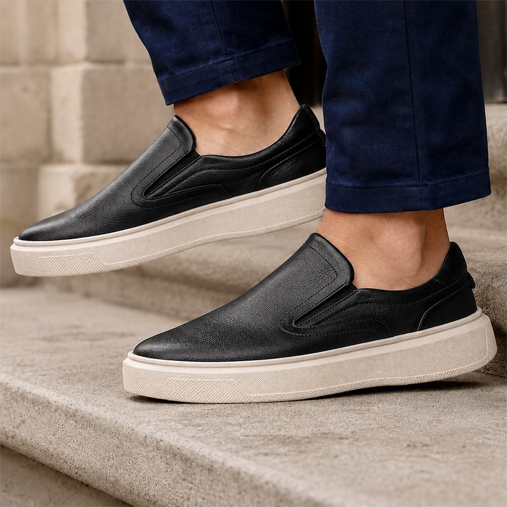 Sapato Tênis Masculino Calça Fácil Slip On Iate Mule Couro Sintético Original Urbanzi Conforto Casual Preto