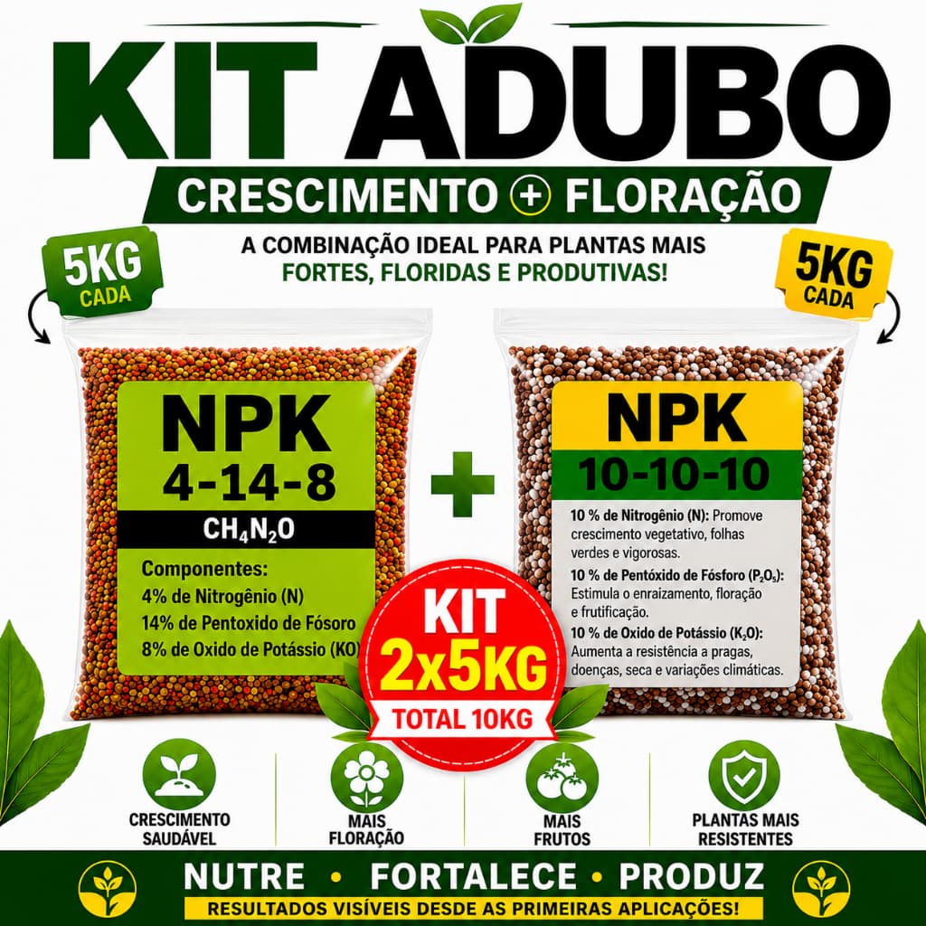 Kit Adubo NPK 10-10-10 + NPK 04-14-08, Crescimento Floração, Plantas, Orquídeas, Flor, Horta, Jardim