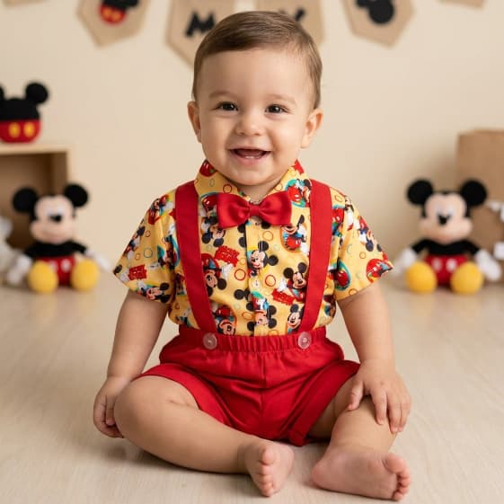 Conjunto Suspensório Mickey Menino Roupa Infantil Festa