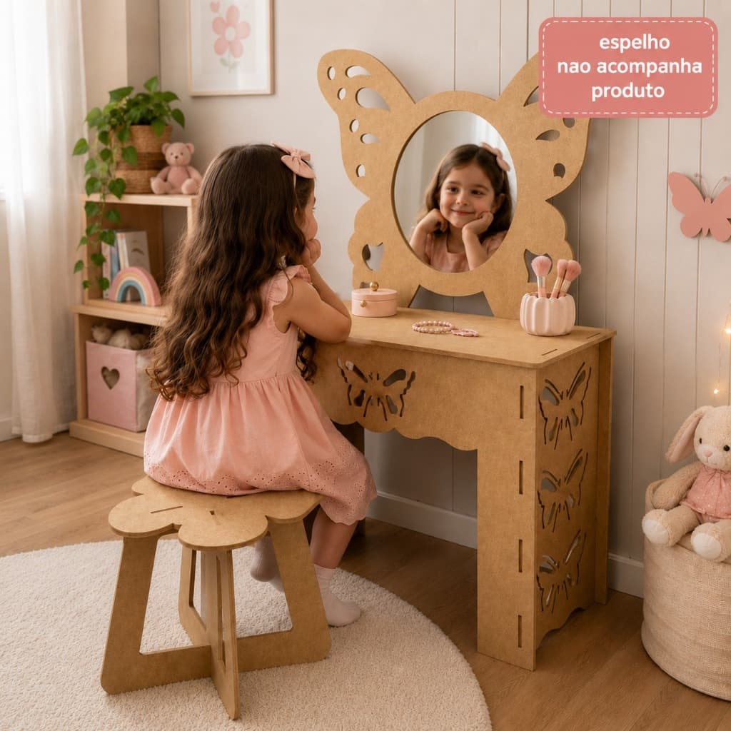 Penteadeira infantil borboleta encaixe MDF Cru Decorativo Banquinho Borboleta