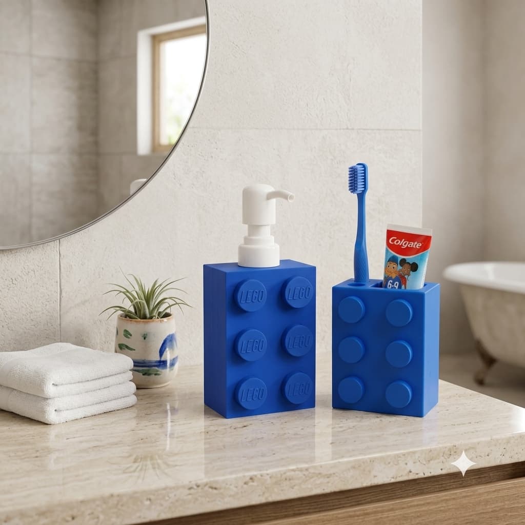 Kit Banheiro Lego | Porta Escova Creme Dental | Dispenser Sabonete Líquido | Organizador Infantil | Ideal Para Banheiros