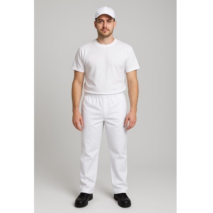 Calça de Oxford Branca com Elástico Unissex com Bolso Traseiro para trabalho Cozinha