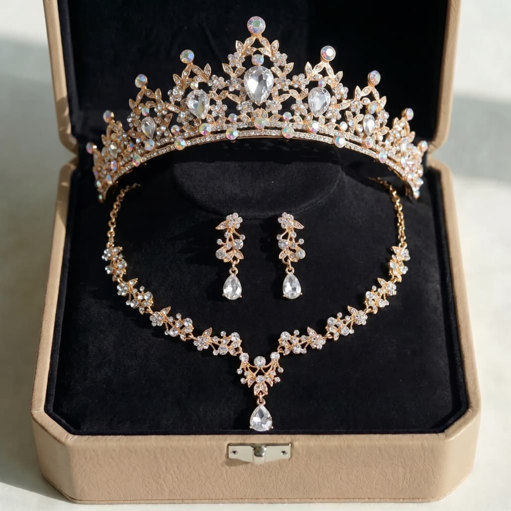 Coroa Tiara + Colar + Brincos Dourada Noiva Casamento Debutante 15 anos Daminha Dama de Honra Ensaio Gestante