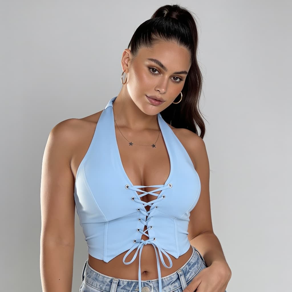 Corset Top cropped Feminino com Costuras Modeladoras e Decote V com Amarração Estilo Boho Chic