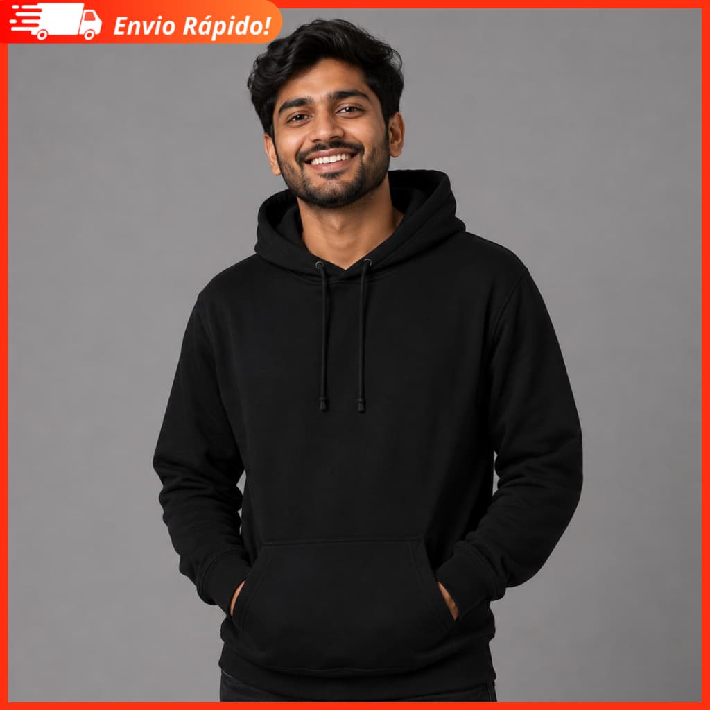 Blusa Moletom Preto Unissex Canguru Com Capuz Liso