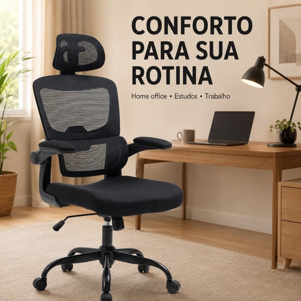 Cadeira de Escritório Ergonômica Giratória com Encosto em Tela, Apoio Lombar, Cabeça e Regulagem de Altura