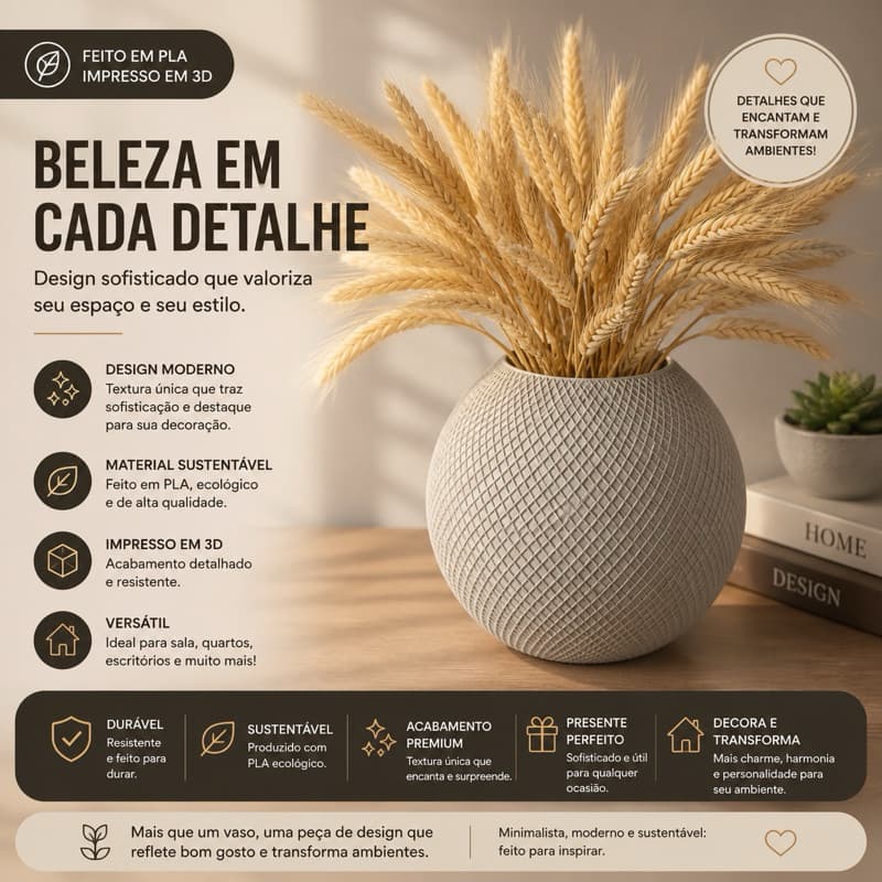 Vaso Decorativo Esfera Vertical Impresso em 3D | Decoração Moderna para Sala, Quarto e Escritório