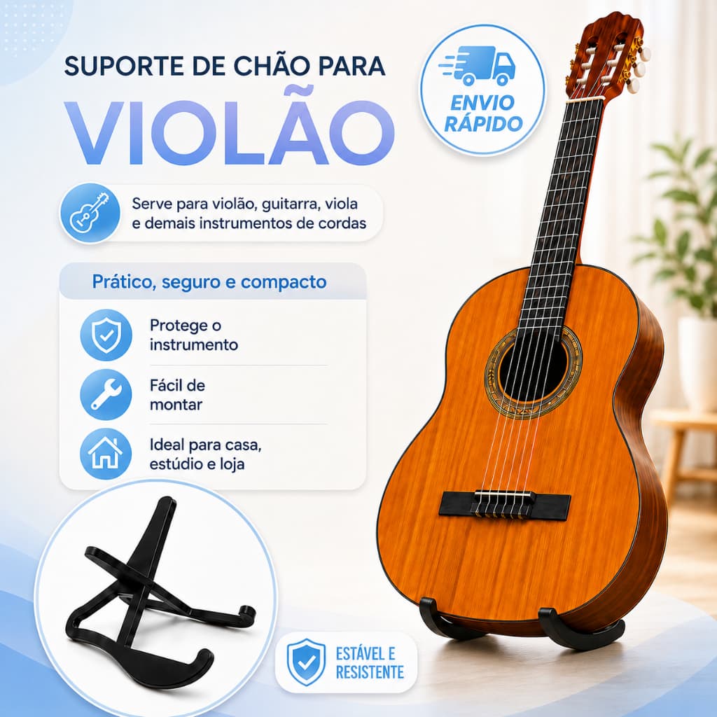 Suporte para Violão, Guitarra, Baixo, Viola, Cavaquinho… – Compacto, Prático e Estável
