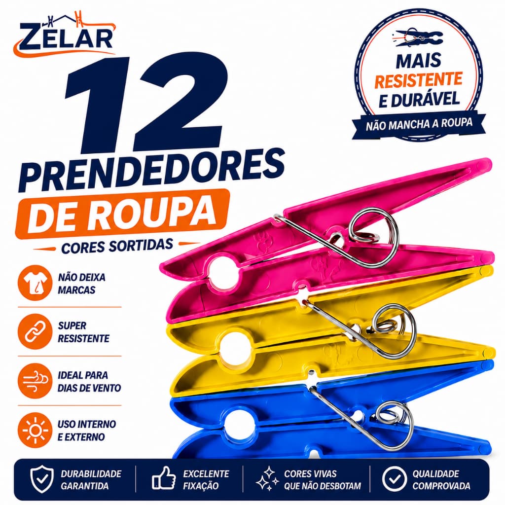 Kit 72/ 60 / 48 / 36 / 24 / 12 Prendedores Pregadores de Roupa em Plástico Reforçado - Cores Sortida