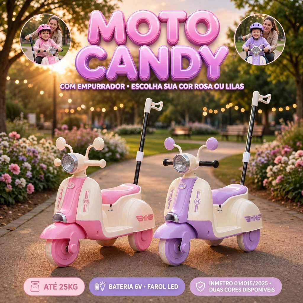 Moto Elétrica Infantil com Empurrador 6V Scooter Carrinho Motinha com Luz LED Música Som USB Auxiliar Infantil