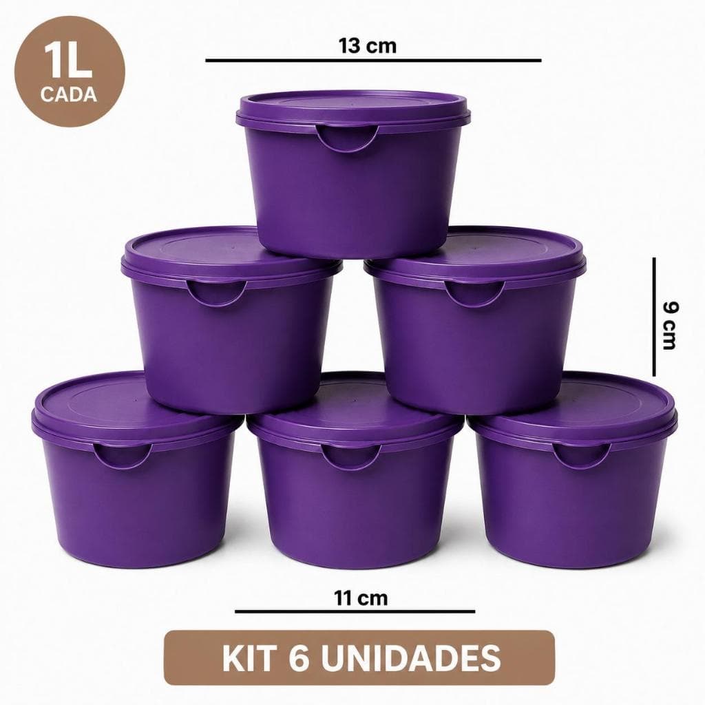 KIT 6 POTES COZINHA REDONDOS 1L - MARMITA FITNESS ORGANIZACAO COZINHA GELADEIRA