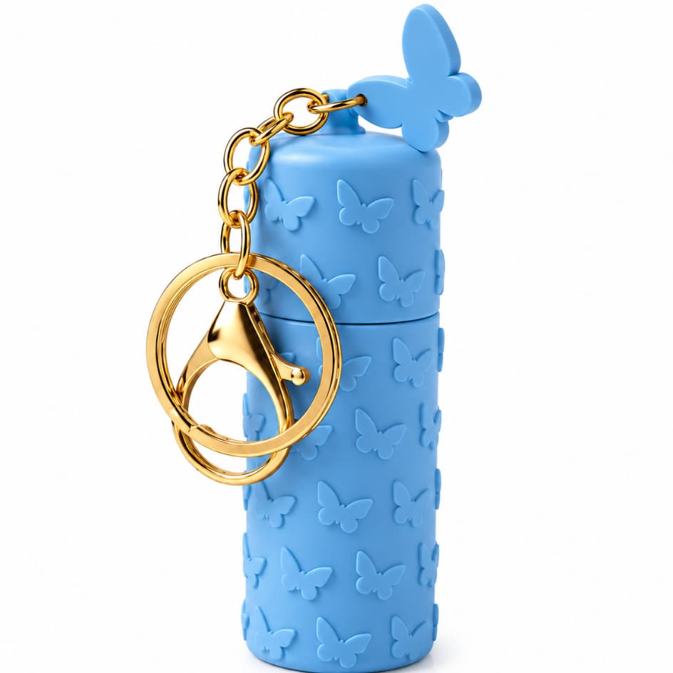 Porta Batom Chaveiro Feminino Borboleta Organizador Compacto para Bolsa Necessaire Azul com Pingente