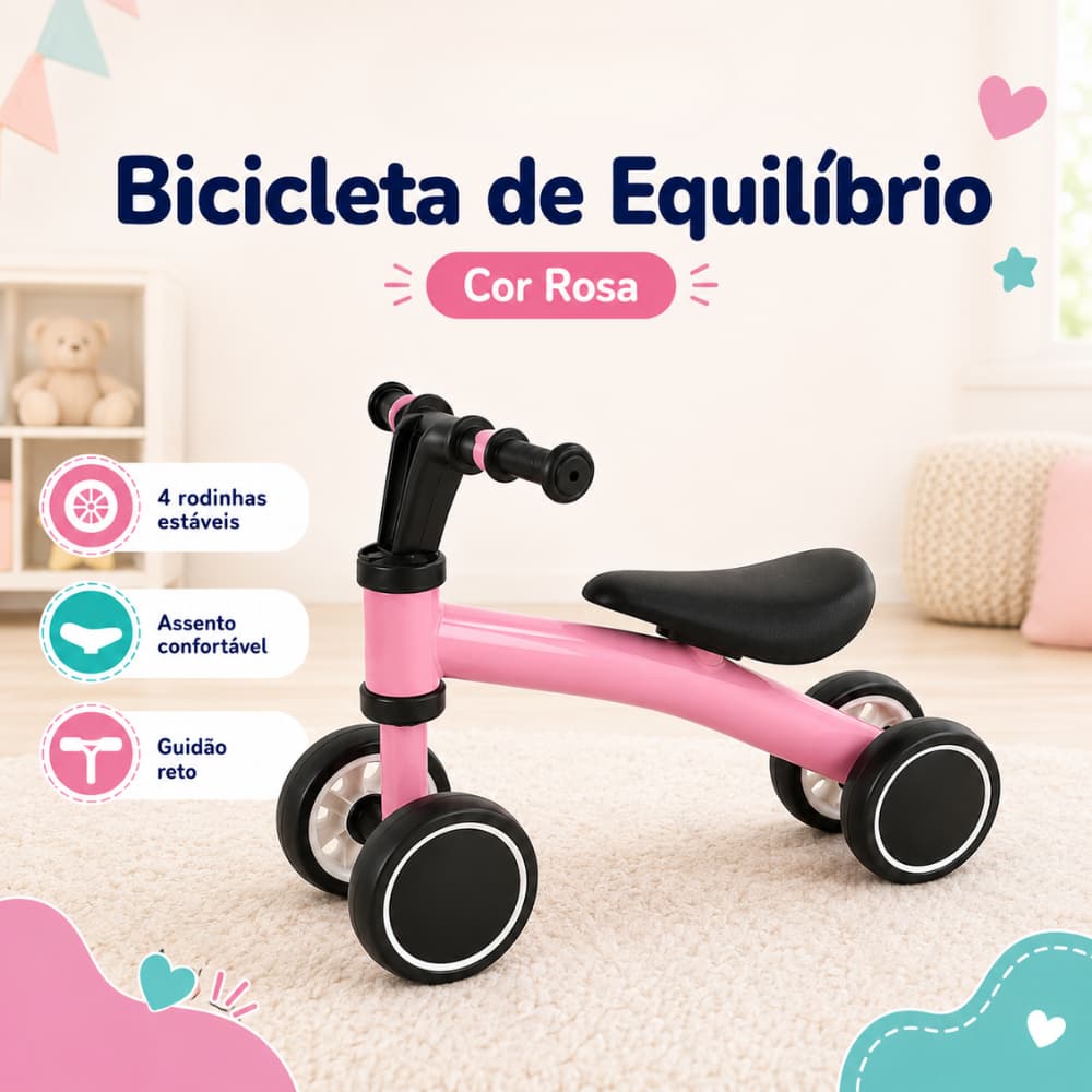 Bicicleta De Equilíbrio Andador Infantil Sem Pedal 4 Rodas