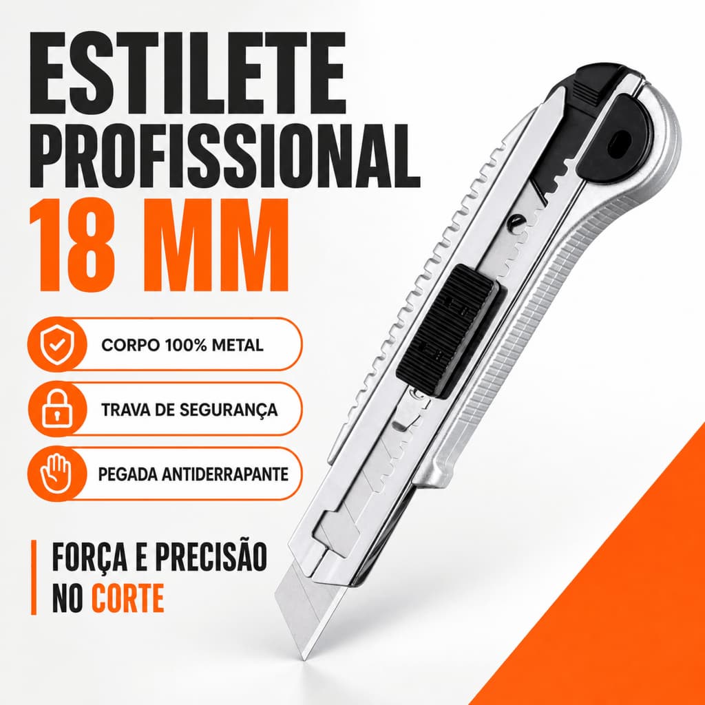 Estilete Profissional Metal 18mm Botão Automático Trava de Segurança Lâmina Retrátil Cutter Obra