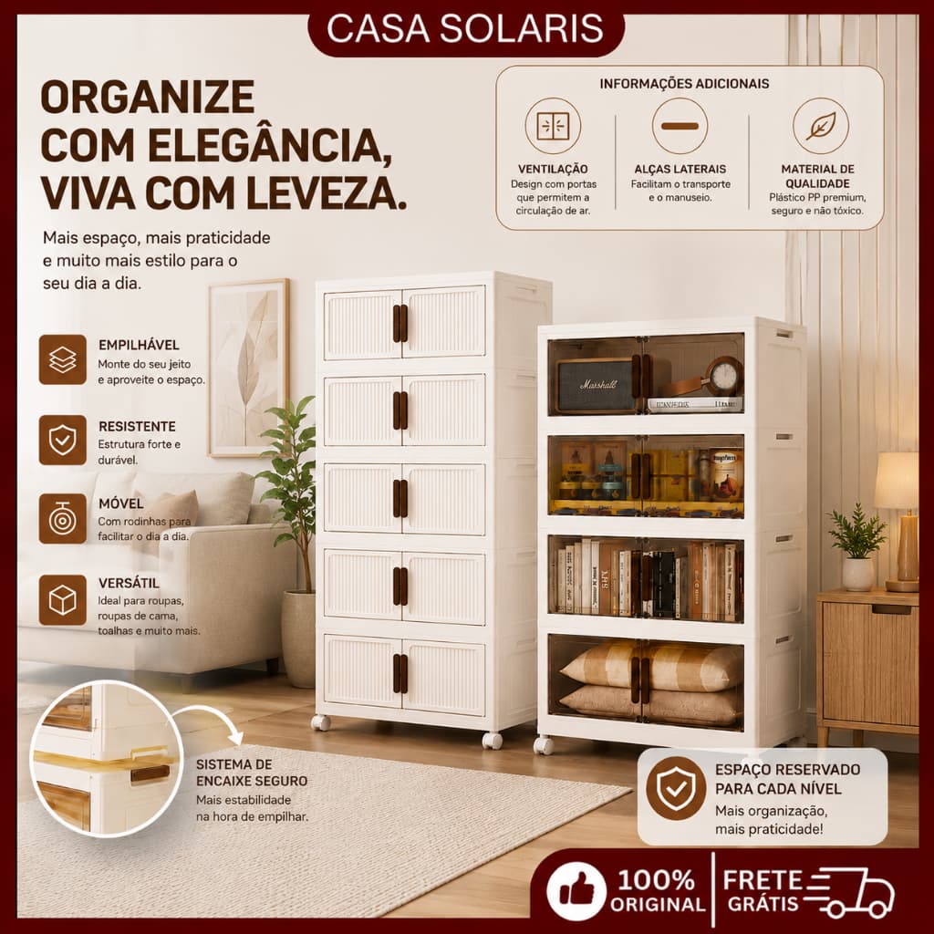 Armário Organizador Modular Multiuso com Portas e Rodízios Empilhável