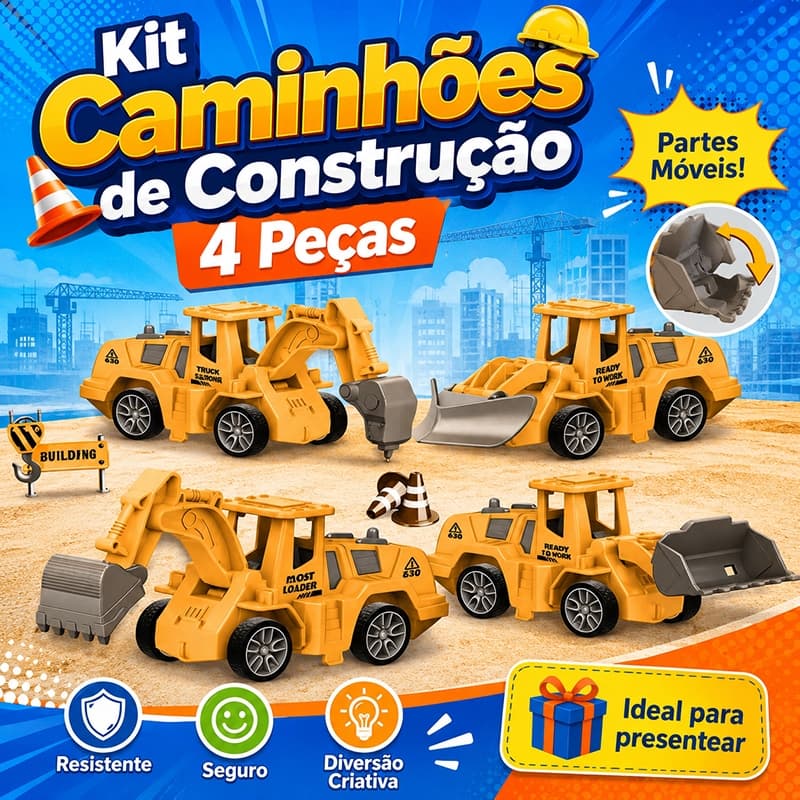 Kit Construção Infantil 4 Caminhões com Escavadeira Pá Frontal e Perfuradora