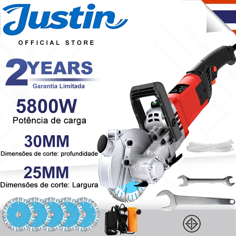 Máquina profissional de ranhurar paredes, 127V, 5800W, 7500RPM, com 5 discos de corte diamantados.