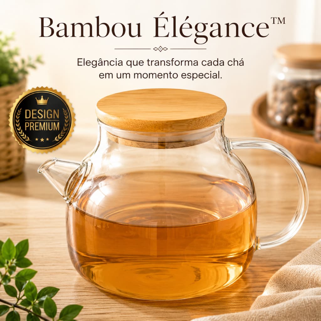 Chaleira de Vidro 1 Litro com Tampa de Bambu Resistente ao Calor Design Moderno para Chá e Café